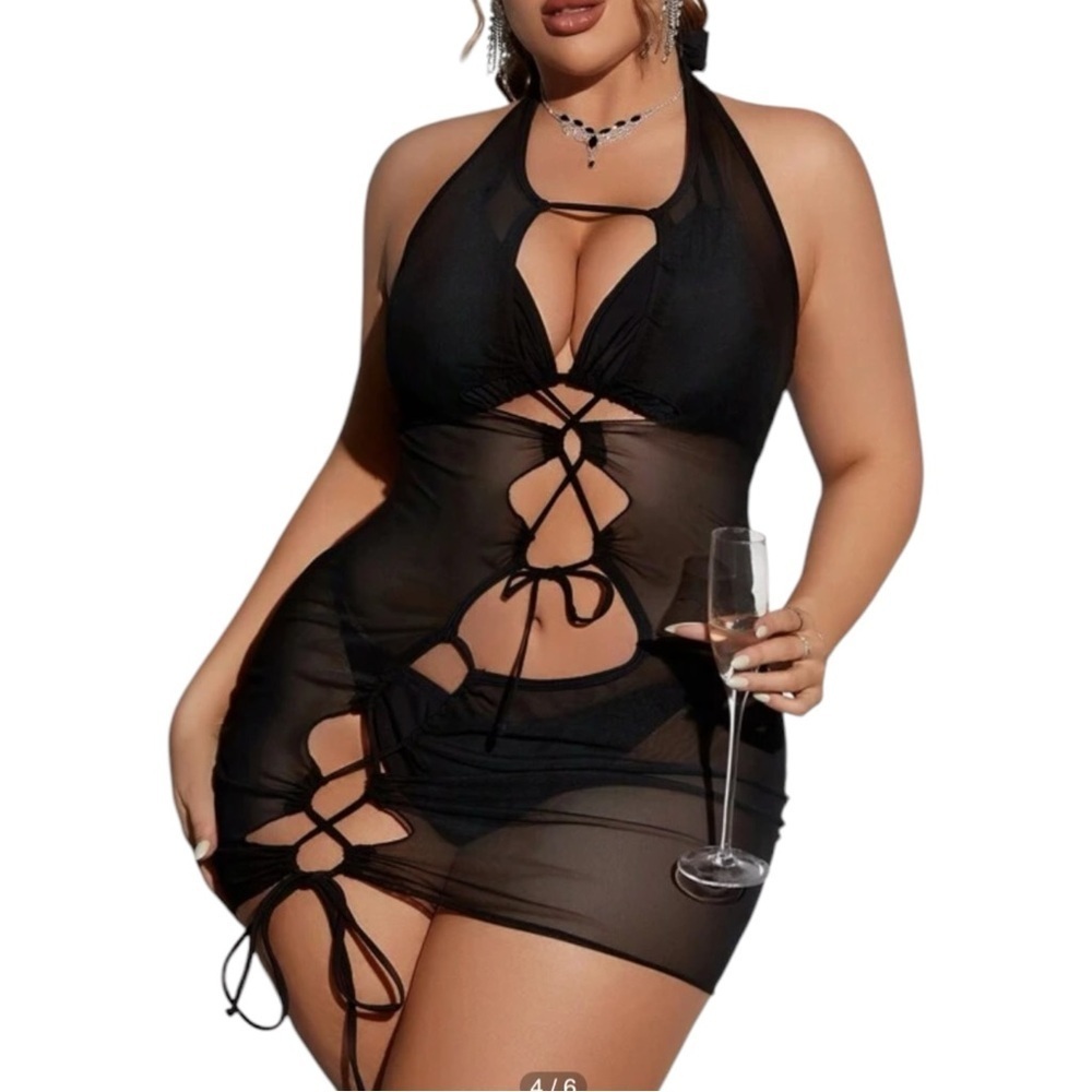SHEIN Swim‎ SXY Summer Beach Black Bikini & Hollow Out Net Beach Dress SMALL NEW
